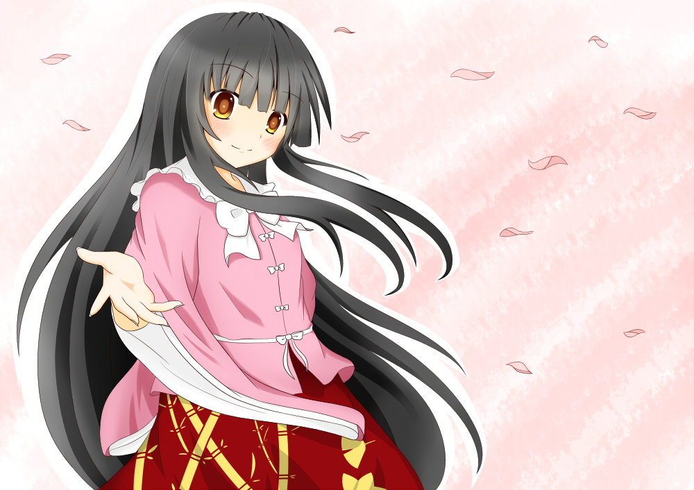 bamboo black_hair blouse cherry_blossoms hime_cut houraisan_kaguya itsuse_(asahi-kazuka) long_hair looking_at_viewer open_hand outline pink_background sidelocks skirt smile solo touhou very_long_hair wind yellow_eyes