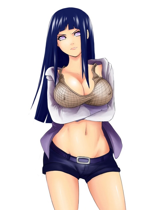 1girl angry blank_eyes blue_hair bra breasts cleavage erect_nipples evildei fishnets hime_cut hyuuga_hinata jacket large_breasts long_hair looking_at_viewer midriff mound_of_venus naruto naruto:_road_to_ninja navel open_clothes open_jacket purple_eyes short_shorts shorts simple_background solo standing underwear