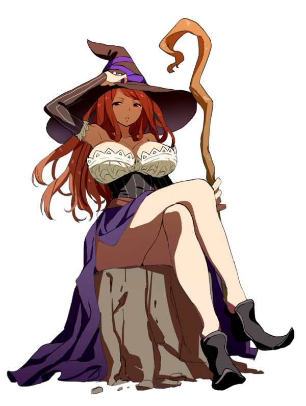 bare_shoulders breasts brown_eyes brown_hair crossed_legs detached_sleeves dragon's_crown dress hand_on_headwear hat large_breasts long_hair saitou_masatsugu side_slit simple_background sitting sitting_on_tree_stump solo sorceress_(dragon's_crown) staff strapless strapless_dress tree_stump white_background witch_hat