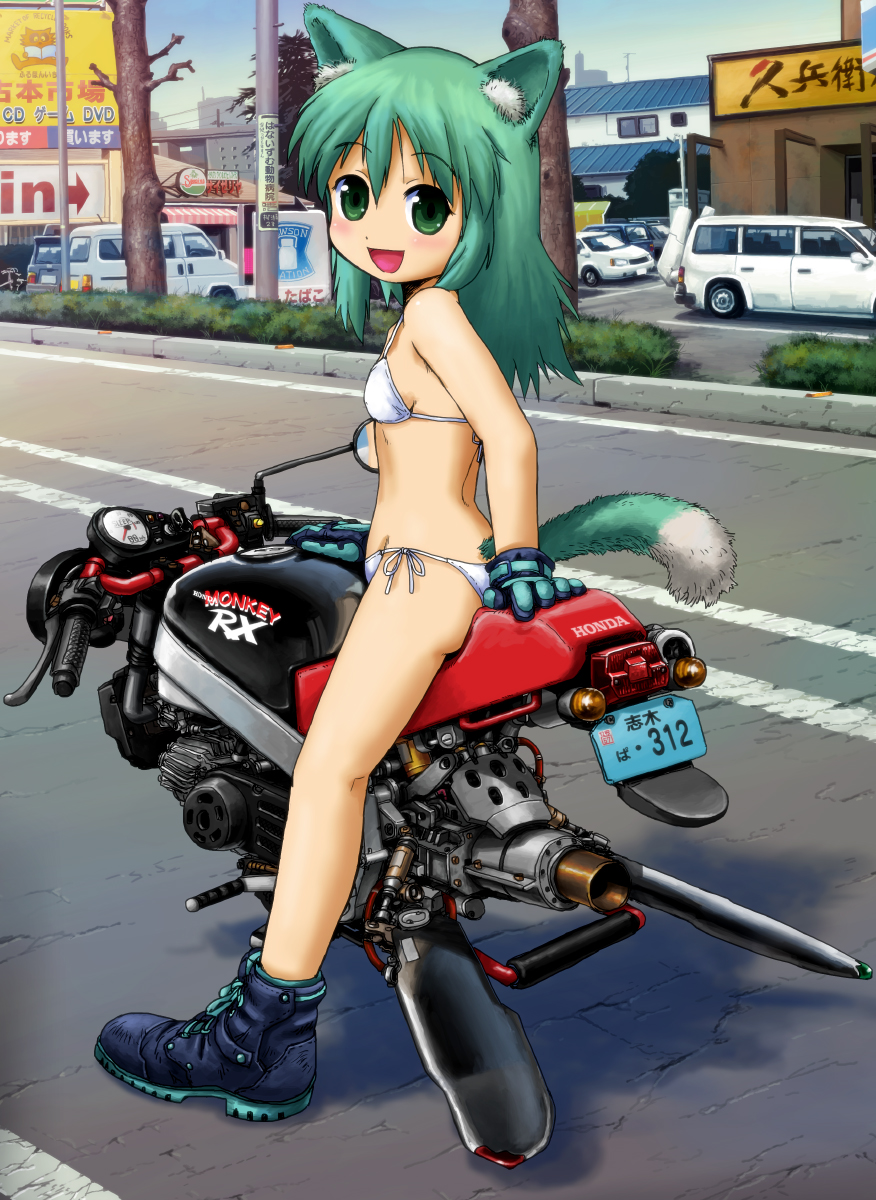 animal_ears bikini boots cat_ears gloves green_eyes green_hair ground_vehicle highres hover_bike lawson long_hair motor_vehicle on_vehicle original pappii real_world_location shio_no.9 solo swimsuit tail
