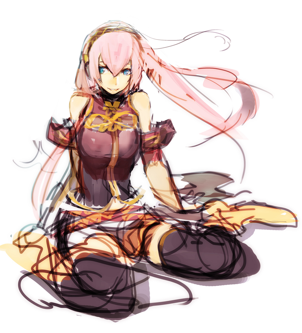 armband blue_eyes breasts hairband large_breasts long_hair megurine_luka pink_hair sitting sketch smile so-bin solo vocaloid wariza