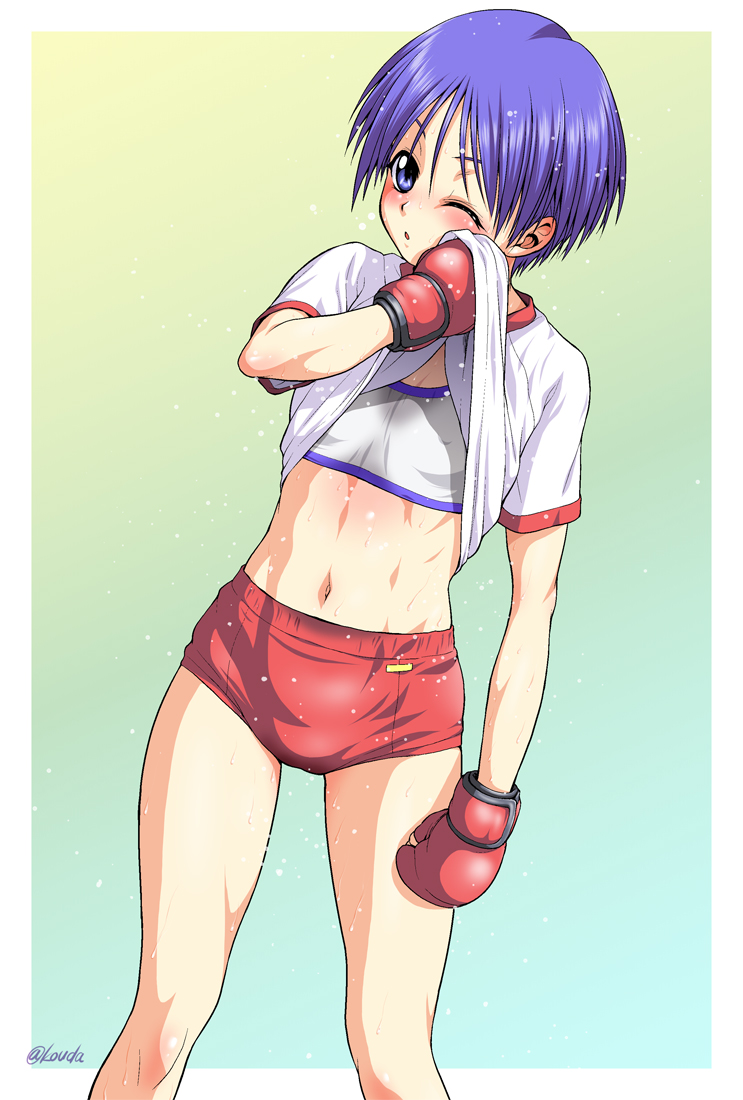 1girl ;o bare_arms bare_legs blue_eyes blue_hair blush body_blush border breasts breasts_apart buruma commentary_request erect_nipples feet_out_of_frame gym_shirt hand_up long_hair matsubara_aoi midriff naitou_kouse navel one_eye_closed red_buruma shirt short_hair short_sleeves small_breasts smile solo sports_bra standing stomach sweat tareme to_heart toned white_border wiping_sweat