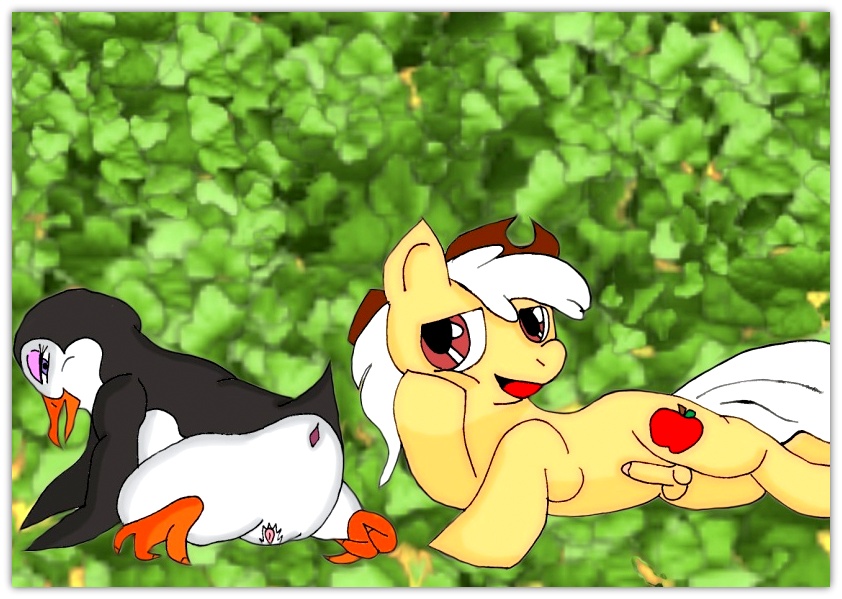 apple balls brown_eyes cutie_mark duo equine female friendship_is_magic fruit georgeboy_(mlp) hair hat horse male mammal my_little_pony penguin penis pony pussy white_hair