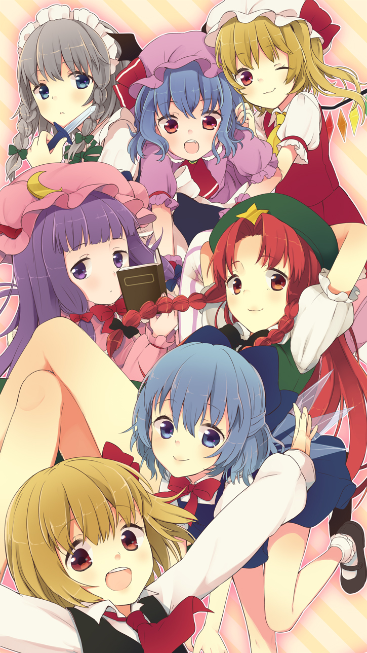 arms_behind_head ascot bad_id bad_pixiv_id bat_wings black_dress blonde_hair blue_dress blue_eyes blue_hair book bow braid cirno crescent dress everyone flandre_scarlet hair_bow hair_ribbon hat highres hong_meiling ice ice_wings izayoi_sakuya knife long_hair long_sleeves looking_at_viewer maid maid_headdress maki_(natoriumu) mob_cap multiple_girls one_eye_closed open_mouth outstretched_arms patchouli_knowledge puffy_sleeves purple_eyes purple_hair red_dress red_eyes red_hair remilia_scarlet ribbon rumia short_hair short_sleeves siblings side_ponytail silver_hair sisters smile star the_embodiment_of_scarlet_devil touhou twin_braids very_long_hair wings