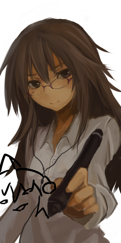 bad_id bad_pixiv_id brown_eyes brown_hair drawing dress_shirt earphones ex expressionless foreshortening glasses head_tilt long_hair looking_at_viewer original shirt simple_background solo stylus white_background