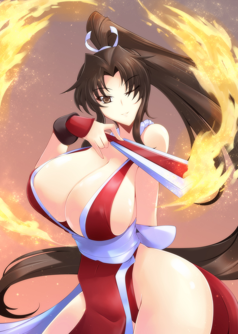 breasts brown_eyes brown_hair cleavage closed_fan fan fatal_fury fire folding_fan gloves haganef huge_breasts japanese_clothes long_hair one_eye_closed panties pelvic_curtain ponytail revealing_clothes shiranui_mai sideboob solo the_king_of_fighters underwear