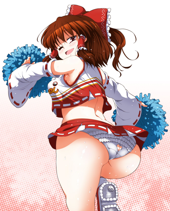 alternate_costume ass back bow brown_eyes brown_hair cheerleader frilled_panties frills hair_bow hair_tubes hakurei_reimu long_sleeves looking_at_viewer looking_back midriff one_eye_closed open_mouth panties pom_poms ponytail shirt skirt skirt_set smile solo sugiura sweat touhou underwear upskirt white_panties wide_sleeves