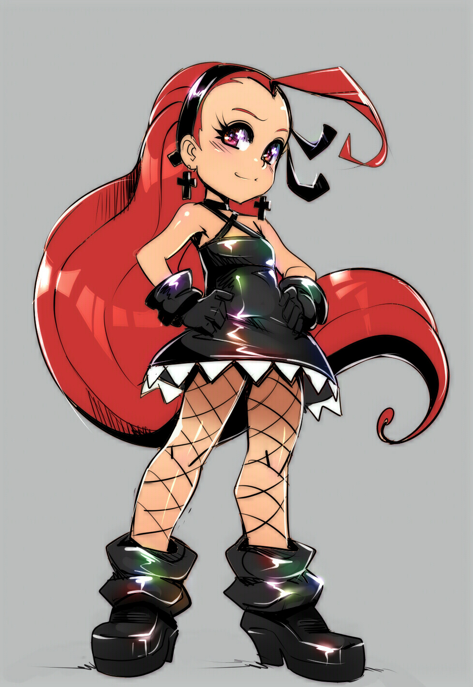 1girl ahoge black_dress black_gloves boots choker cross cross_earrings dress earrings fishnet_pantyhose fishnets frills gloves grey_background hairband hands_on_hips highres jewelry long_hair maniacpaint original pantyhose red_eyes red_hair short_dress simple_background smile solo very_long_hair