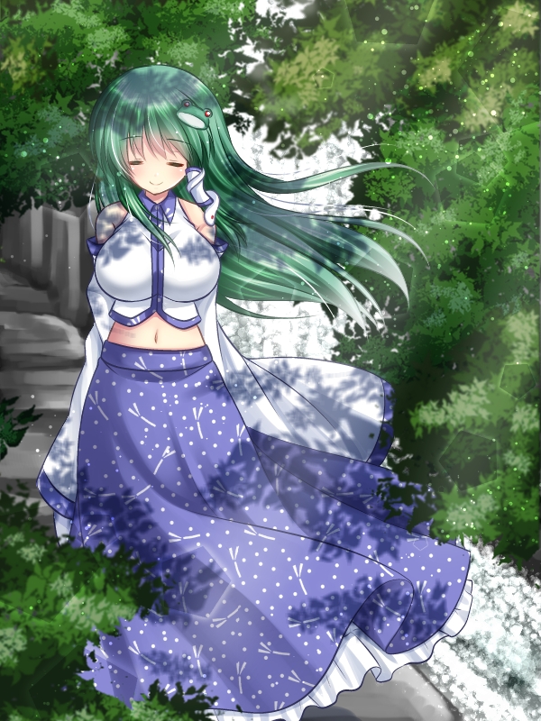 asazuki_kanai breasts closed_eyes detached_sleeves frog_hair_ornament green_hair hair_ornament hair_tubes kochiya_sanae large_breasts long_hair navel skirt smile snake_hair_ornament solo touhou