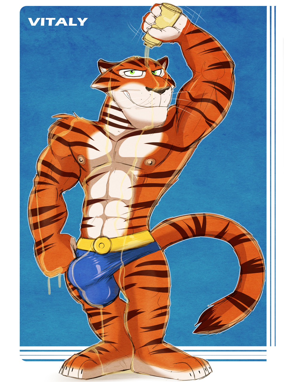abs anthro balls belt biceps big_muscles black_nose body_markings brown_fur bulge claws dreamworks fangs feline flexing fur green_eyes grin looking_at_viewer madagascar male mammal markings muscles nipples oil orange_fur pecs penis pose smile solo standing stripes teeth tiger toe_claws toned topless underwear vitaly_the_tiger white_fur
