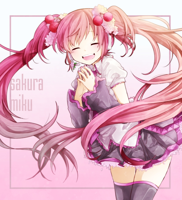 bad_id bad_pixiv_id character_name cherry closed_eyes detached_sleeves food fruit hatsune_miku headset long_hair necktie noki_(potekoro) open_mouth pink_hair sakura_miku skirt solo thighhighs twintails very_long_hair vocaloid