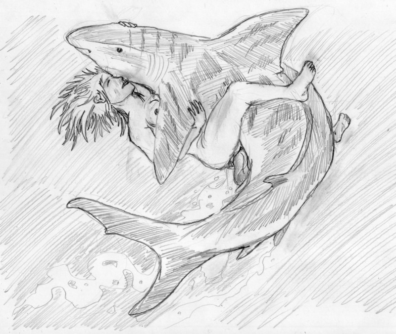 breasts claspers cum cum_in_pussy cum_inside erection female feral fish great greyscale hair human human_on_feral interspecies male mammal marine monochrome nude penis sea shark sketch unknown_artist water white