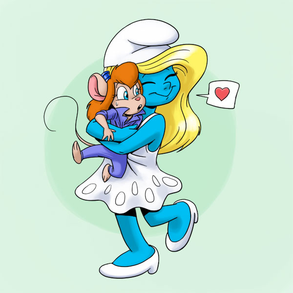 anthro blonde_hair blue_skin carelessdoodler carrying chip_'n_dale_rescue_rangers chip_'n_dale_rescue_rangers coveralls crossover cute disney dress gadget_hackwrench hair hug long_hair mammal mouse rodent size_difference smurfette the_smurfs