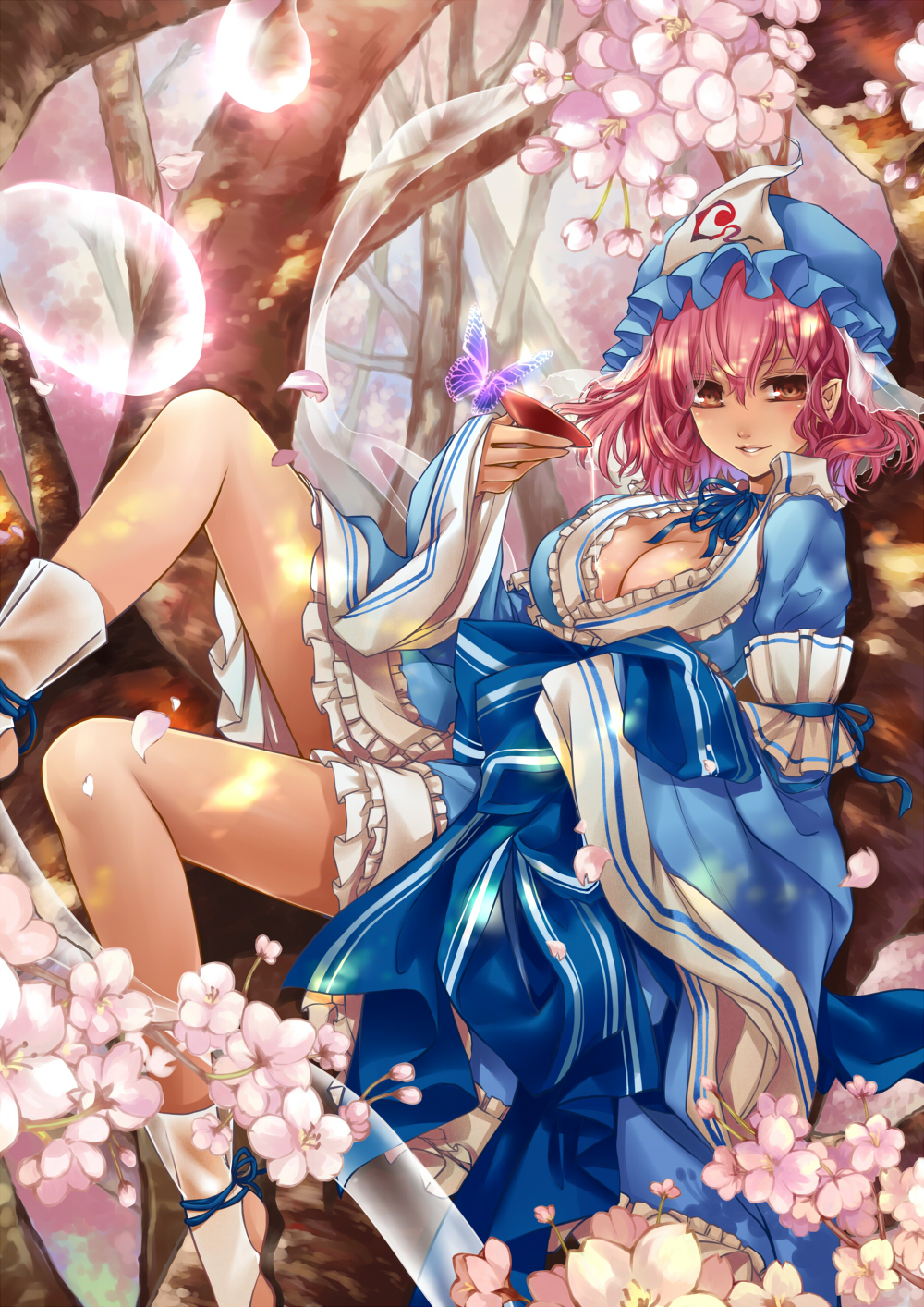 blush breasts bug butterfly cherry_blossoms choker cleavage cup hat highres hitodama insect japanese_clothes kimono kingchenxi large_breasts looking_at_viewer pink_hair red_eyes saigyouji_yuyuko sakazuki short_hair sitting smile solo touhou tree triangular_headpiece white_legwear