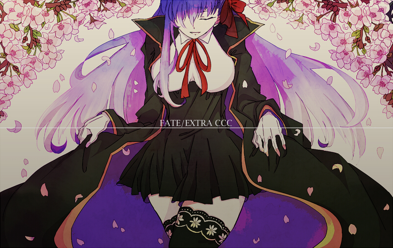 axxqyu bb_(fate)_(all) bb_(fate/extra_ccc) black_legwear breasts closed_eyes fate/extra fate/extra_ccc fate_(series) flower hair_ribbon lace lace-trimmed_thighhighs large_breasts long_hair purple_hair ribbon solo thighhighs very_long_hair