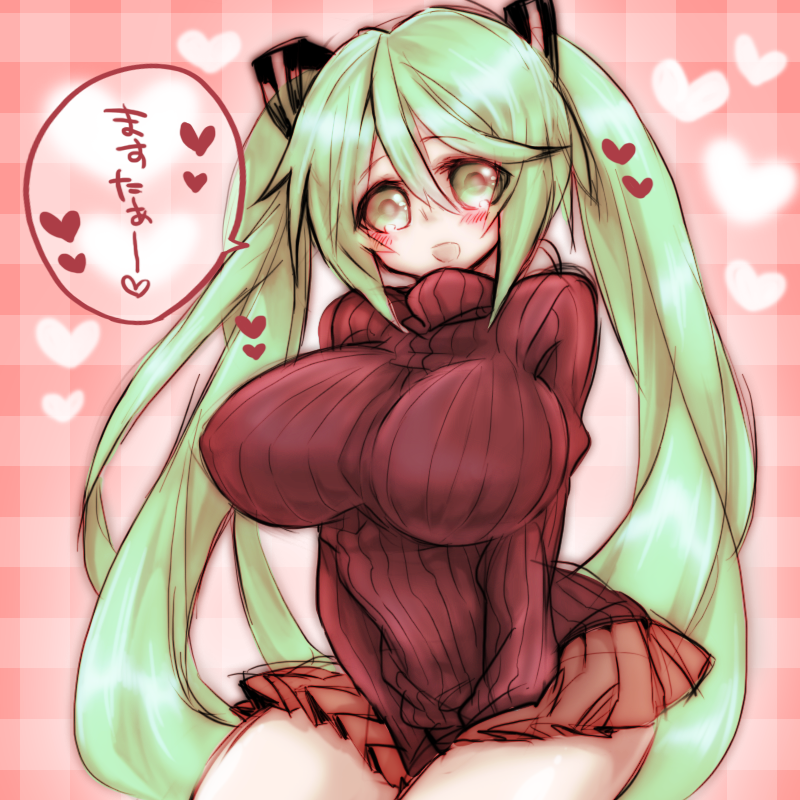 bad_id bad_pixiv_id blush breasts green_eyes green_hair hatsune_miku heart hideo_(green_hand) huge_breasts long_hair open_mouth solo twintails very_long_hair vocaloid