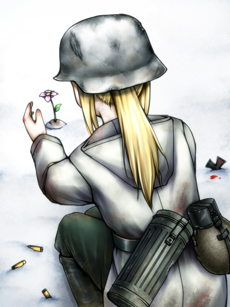 blonde_hair blood bloody_clothes bloody_hands cartridge commentary death flower grave helmet hood hood_down iron_cross military military_uniform original ponytail sad snow soldier solo stahlhelm uniform war winter winter_clothes winter_uniform world_war_ii yua