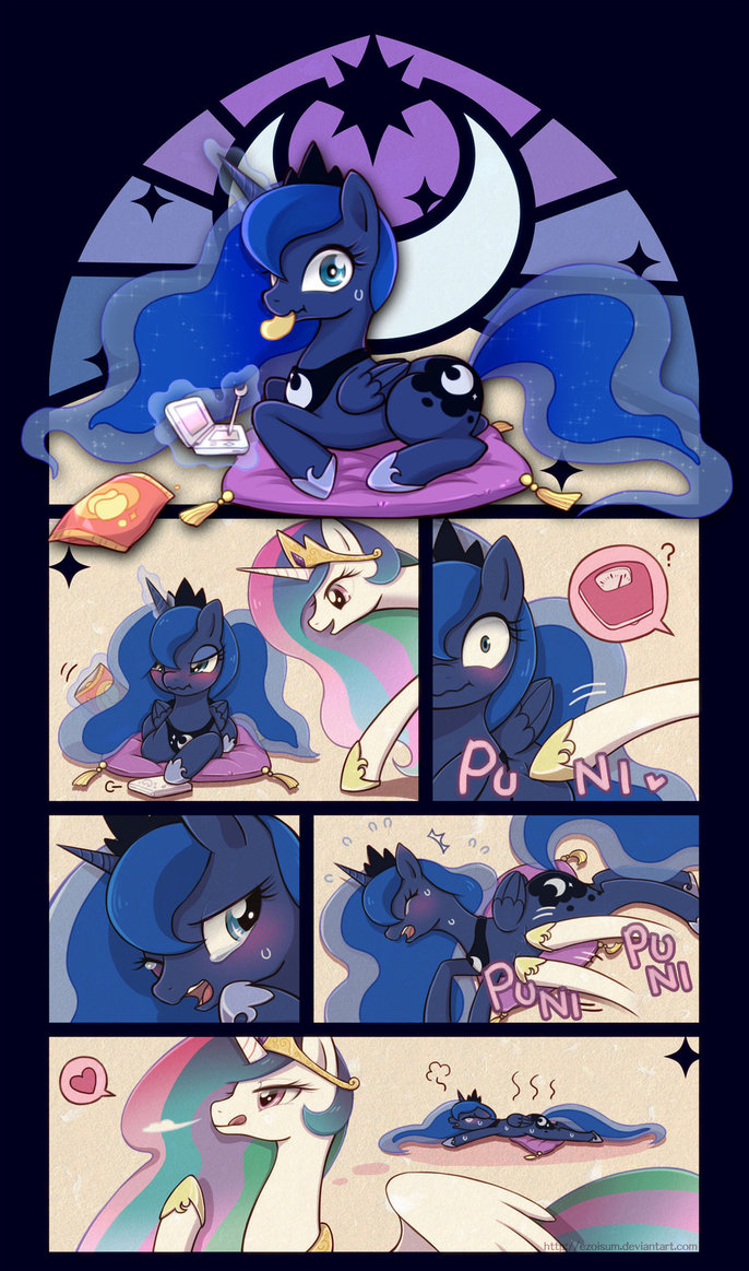 blue_eyes blush breath butt cartoon chips comic crown cutie_mark dialog english_text equine female feral floor friendship_is_magic gameboy_ds gameboy_ds_stylus glass hair horn horse looking_at_viewer love lying moon multi-colored_hair my_little_pony open_mouth overweight pegasus pillow pillow_tassels plain_background pock pony potato_chips princess princess_celestia_(mlp) princess_luna_(mlp) purple purple_eyes royalty sitting stain_glass_windows stars tears text tickling ticklish unicorn violet windows winged_unicorn wings winning