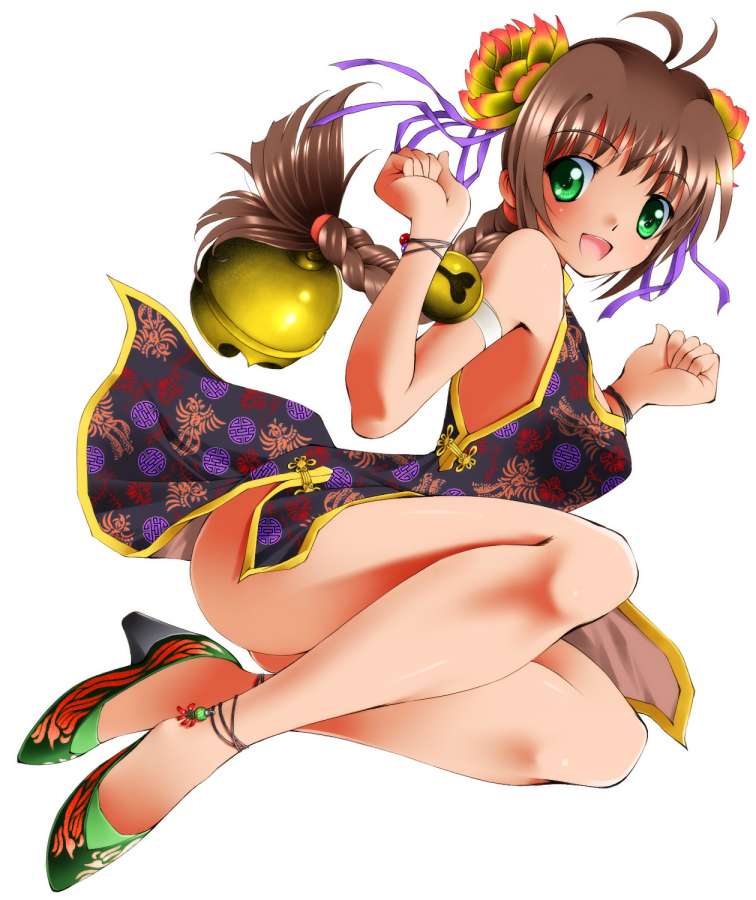 anklet bell black_dress blush bracelet braid brown_hair china_dress chinese_clothes dr_rex dress flower green_eyes hair_flower hair_ornament high_heels jewelry long_hair looking_at_viewer open_mouth original shoes single_braid smile solo