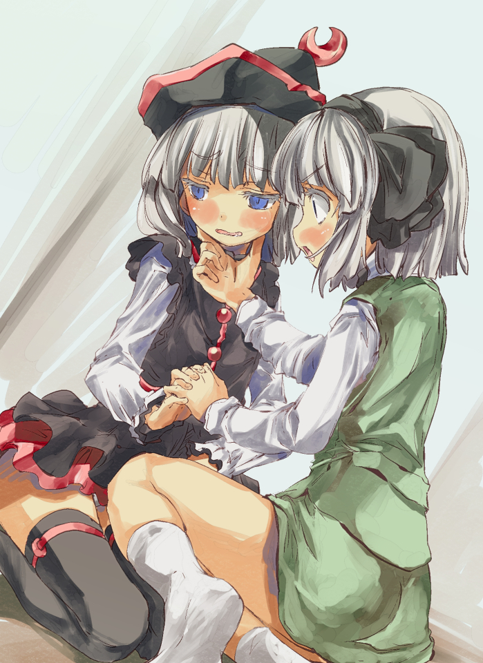 alternate_hair_color black_legwear blonde_hair blue_eyes blush cosplay couple crescent hair_ribbon hat holding_hands interlocked_fingers konpaku_youmu konpaku_youmu_(ghost) lunasa_prismriver lunasa_prismriver_(cosplay) multiple_girls open_mouth ribbon short_hair silver_hair sitting skirt socks thighhighs touhou white_legwear yohane yuri