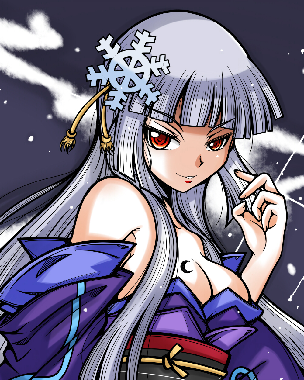 albino bare_shoulders breasts bunny1219 cleavage grey_background hair_ornament hairpin highres japanese_clothes kimono long_hair medium_breasts obi red_eyes sash sister_quest smile snowflake_hair_ornament snowflakes solo white_hair yukiko_(sister_quest)