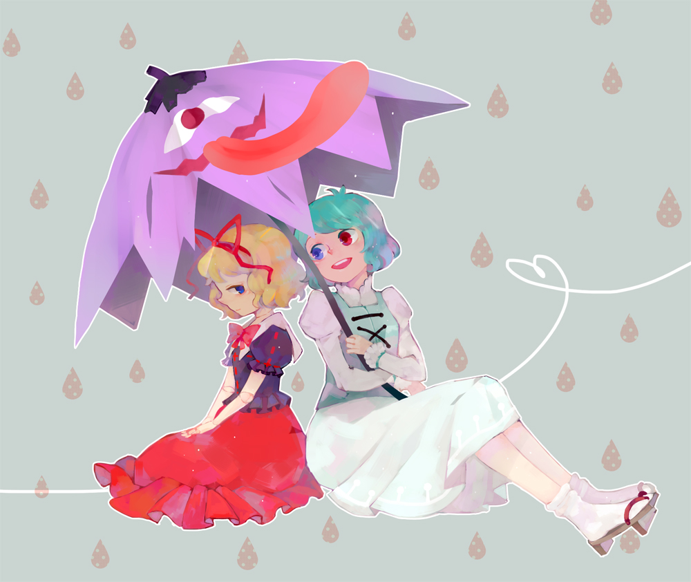 blonde_hair blue_eyes blue_hair doll_joints geta hair_ribbon heart heart_of_string heterochromia holding holding_umbrella kanon_(rsl) karakasa_obake medicine_melancholy multiple_girls purple_umbrella red_eyes ribbon shared_umbrella short_hair skirt smile tatara_kogasa touhou umbrella