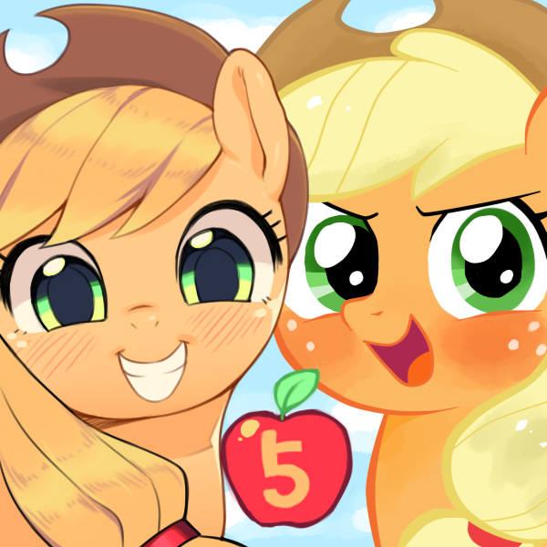 animal_ears apple applejack_(mlp) aruurara blonde_hair cowboy_hat duality equine female feral freckles friendship_is_magic fruit green_eyes hair hat horse looking_at_viewer mammal my_little_pony pony smile square_crossover