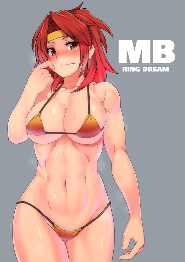 bikini blush breasts cleavage finger_to_face headband kupala large_breasts looking_at_viewer micro_bikini muscle muscular_female navel prominence_katou red_eyes red_hair ring_dream simple_background solo steam sweat swimsuit underboob