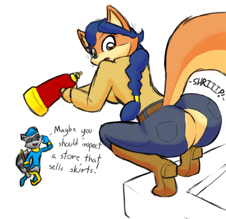 big_butt butt canine carmelita_fox clothing english_text female fox gun hook male mammal norithics raccoon ranged_weapon sly_cooper sly_cooper_(series) text torn_clothing weapon
