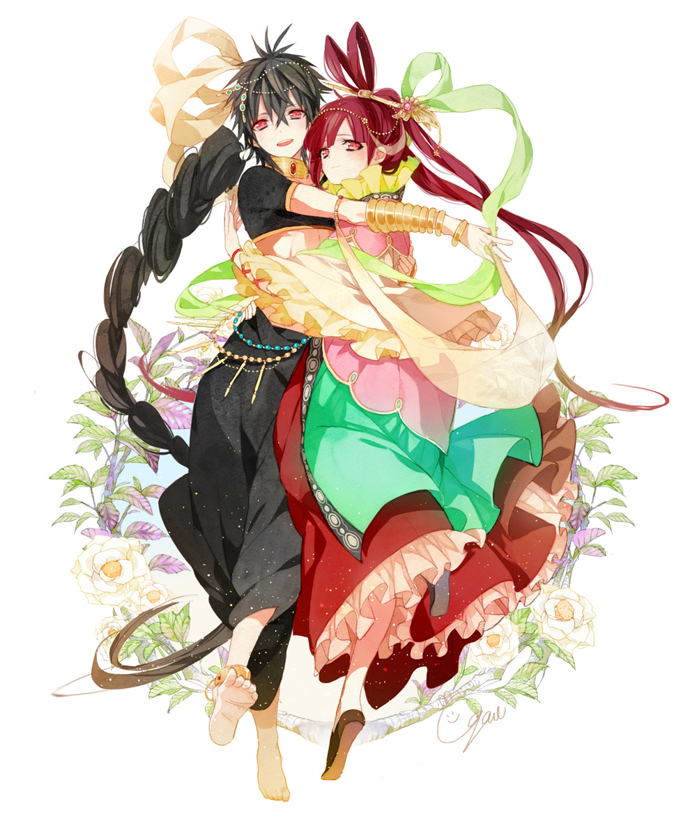 1girl anklet barefoot black_hair braid chinese_clothes flower gomas hair_ornament hair_rings hair_stick hug jewelry judal long_hair magi_the_labyrinth_of_magic midriff neck_ring red_eyes red_hair ren_kougyoku single_braid smile