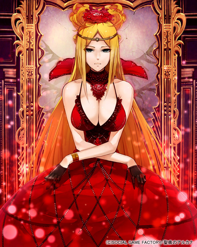 bare_shoulders blonde_hair bracelet breasts circlet cleavage dress flower frame gloves hair_flower hair_ornament half_gloves jewelry large_breasts light_particles long_hair original red_dress seikon_no_arcana silver_(atelier-tengu) sleeveless sleeveless_dress solo very_long_hair watermark