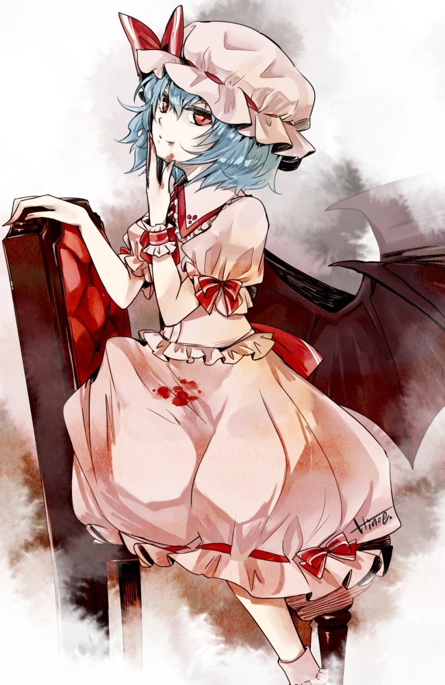 banned_artist bat_wings blood blood_on_face bloody_clothes blue_hair chair hat hino_mamori red_eyes remilia_scarlet short_hair solo touhou wings