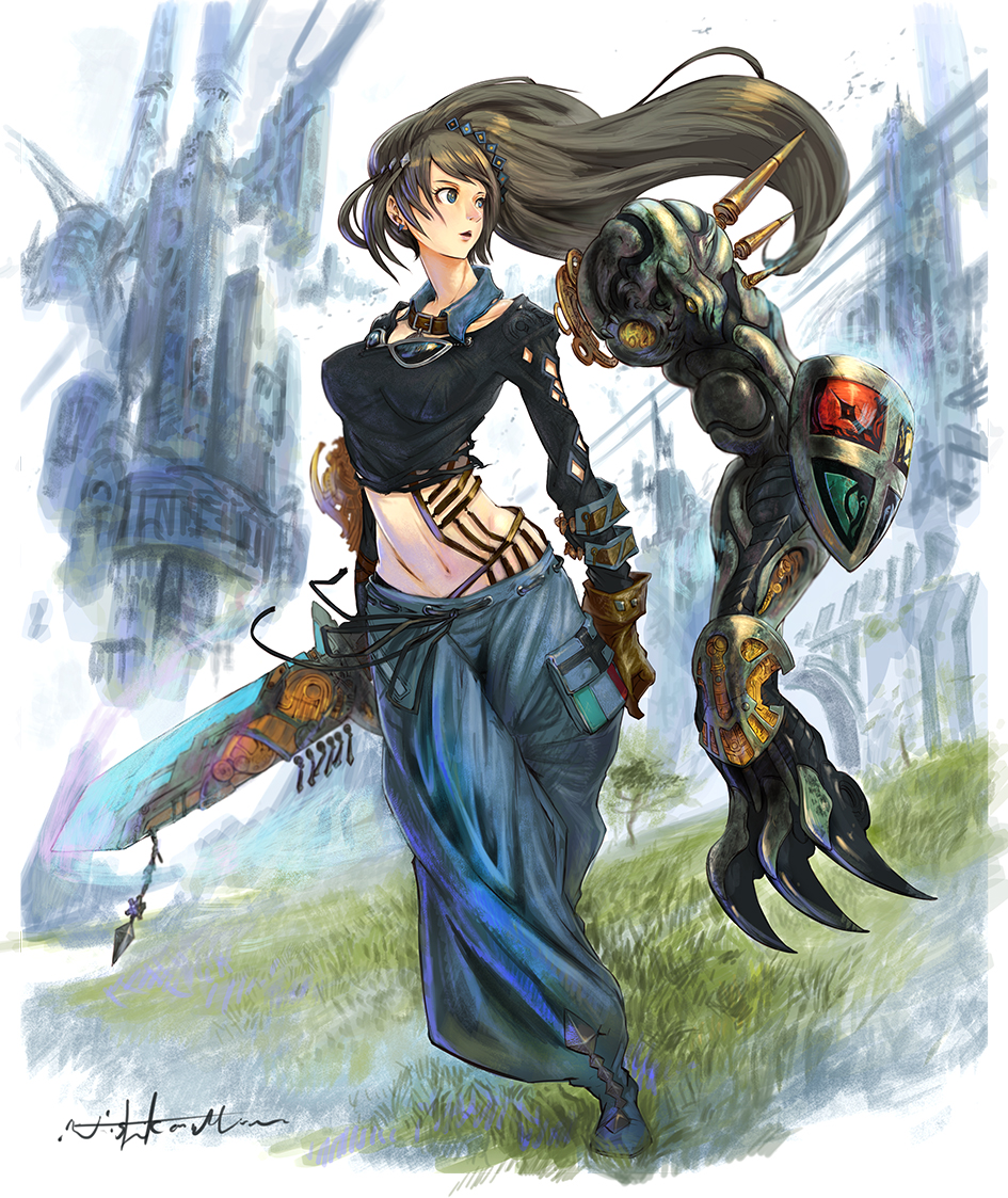 2c breasts brown_hair collar denim gloves goggles green_eyes jeans long_hair medium_breasts navel original pants sword weapon