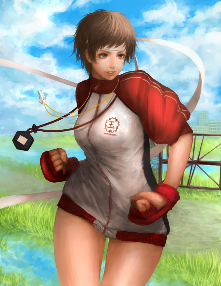 alternate_costume bad_id bad_pixiv_id blue_sky breasts brown_eyes brown_hair clenched_hands cloud day fighting_stance fingerless_gloves gloves headband jacket kasugano_sakura large_breasts mintcat_(minti-na) no_pants short_hair sky sleeves_rolled_up solo stopwatch street_fighter street_fighter_iv_(series) taut_clothes track_jacket watch whistle
