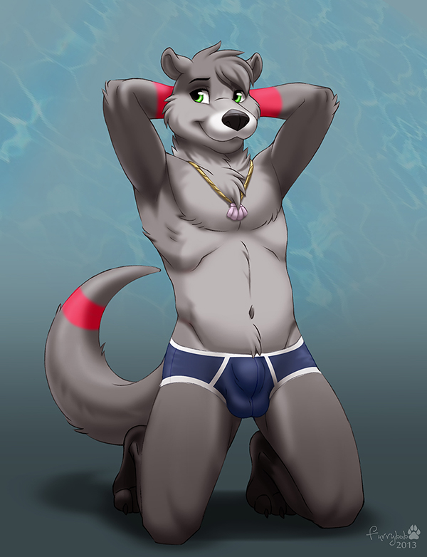 arms_behind_head black_nose bulge claws front fur furrybob green_eyes grey_fur kneeling looking_at_viewer male mammal mustelid navel necklace otter seashell shadow smile solo toe_claws topless underwear water