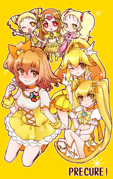 blonde_hair blush boots bow breasts brown_eyes brown_hair choker color_connection cure_lemonade cure_muse_(yellow) cure_peace cure_pine cure_sunshine dress earrings flower fresh_precure! futari_wa_precure futari_wa_precure_max_heart hair_flaps hair_flower hair_ornament hair_ribbon heart heart_hair_ornament heartcatch_precure! jewelry kasugano_urara_(yes!_precure_5) kise_yayoi knee_boots kujou_hikari long_hair magical_girl medium_breasts midriff multiple_girls myoudouin_itsuki one_eye_closed orange_choker pink_dress ponytail precure red_eyes ribbon shiny_luminous shirabe_ako short_hair sitting skirt smile smile_precure! suite_precure tiara twintails v vest wrist_cuffs yamabuki_inori yellow yellow_bow yellow_eyes yellow_skirt yes!_precure_5 yukinabe_(pixiv944737)