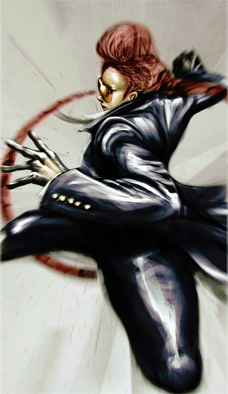 b2304901 bad_id bad_pixiv_id black_gloves crimson_viper dark_skin formal gloves highres incoming_punch lipstick long_hair makeup motion_blur motion_lines pant_suit pompadour red_hair solo street_fighter street_fighter_iv_(series) suit sunglasses