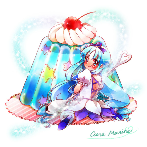 blue_eyes blue_hair blue_skirt blush character_name cure_marine dress food hair_ornament heartcatch_precure! kurumi_erika kuzumochi long_hair looking_at_viewer magical_girl precure sitting skirt smile solo