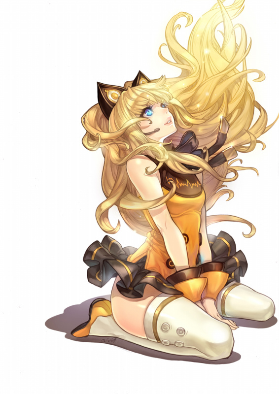 animal_ears between_legs big_hair blonde_hair blue_eyes breasts cat_ears floating_hair frilled_skirt frills hand_between_legs lips long_hair olivia_(yh) seeu simple_background sitting skirt sleeveless small_breasts solo thighhighs v_arms vocaloid wariza white_background white_legwear wind wind_lift wrist_cuffs