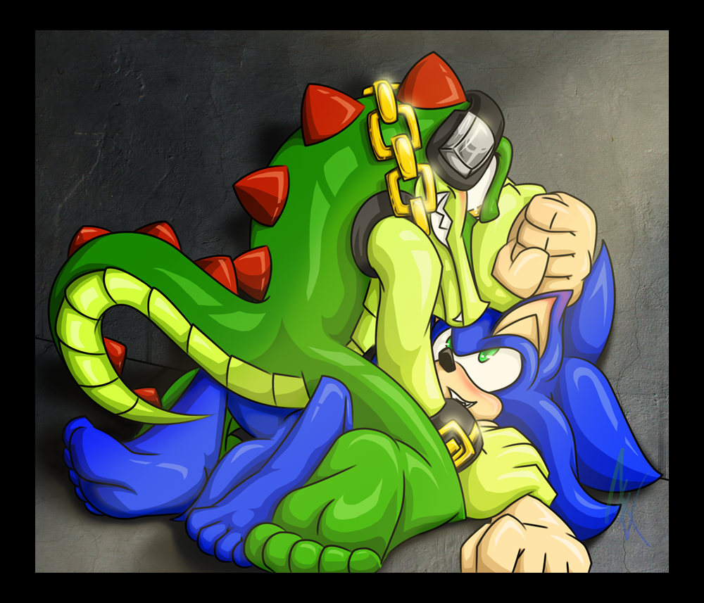 anal anal_penetration anthro balls blue_hair chaotix cowgirl_position crocodile eye_contact gay green_eyes green_scales hair headphones hedgehog hindpaw interspecies lying madammiakoda madamsyren male mammal nude on_back on_top paws penetration penis plantigrade reptile scalie sega sex soles sonic_(series) sonic_the_hedgehog straddling toes vector_the_crocodile