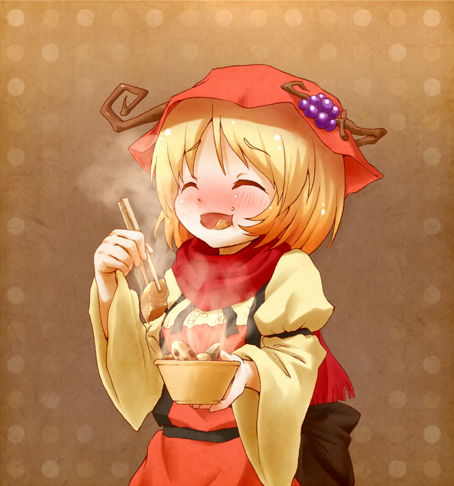 ^_^ aki_minoriko apron arinu blush bowl chopsticks closed_eyes eating food food_in_mouth food_on_face fruit grapes hat juliet_sleeves long_sleeves open_mouth puffy_sleeves scarf shirt solo steam touhou wide_sleeves