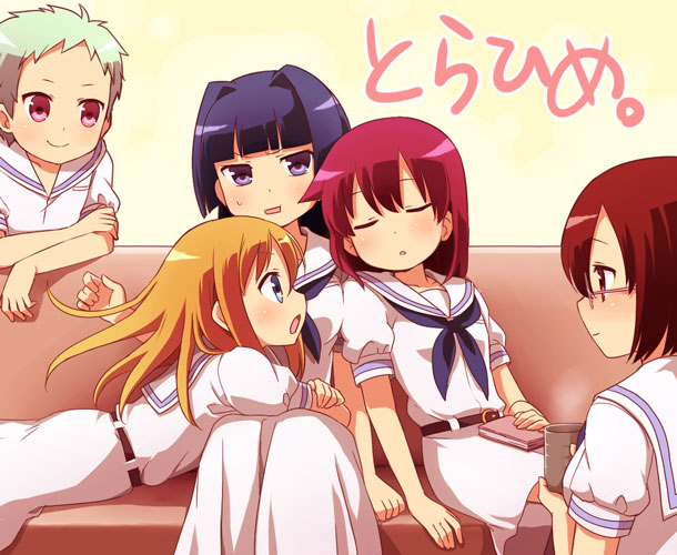 bad_id bad_pixiv_id blue_hair blush book brown_hair closed_eyes couch glasses green_hair hirose_sumire io long_hair matano_seiko miyanaga_teru multiple_girls oohoshi_awai red_hair saki shibuya_takami shiraitodai_school_uniform short_hair sitting sleeping