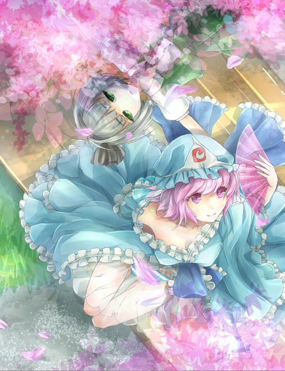 bad_id bad_pixiv_id blush breasts cherry_blossoms cleavage fan folding_fan grass green_eyes hair_ribbon japanese_clothes konpaku_youmu lying medium_breasts multiple_girls namari_(angelaqxi) panties petals pink_eyes pink_hair puffy_sleeves ribbon saigyouji_yuyuko short_hair silver_hair sitting skirt smile striped striped_panties touhou tree underwear vest water