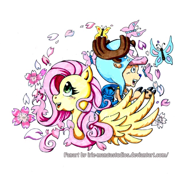 antlers arthropod backpack blush butterfly cervine chopper clothing crossover deer duo english_text equine female feral fluttershy_(mlp) friendship_is_magic hat horn horse insect irie-mangastudios male mammal my_little_pony one_piece pegasus pony reindeer sakura_blossoms text tony_tony_chopper wings