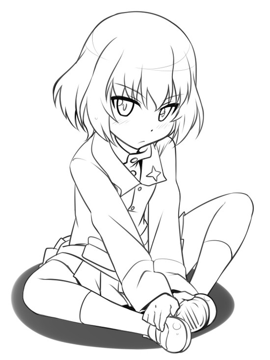 blush girls_und_panzer greyscale katyusha lineart looking_at_viewer military military_uniform monochrome pravda_school_uniform short_hair sitting skirt solo uniform youkan