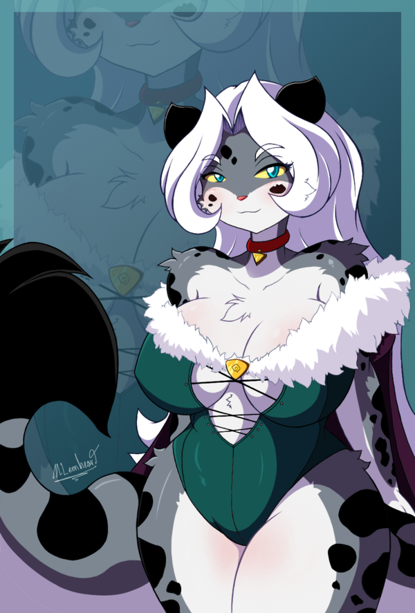 big_breasts blush breasts chest_tuft cleavage clothed clothing collar cyan_eyes female fur fur_trim grey_skin hair lacing mleonheart teal_background teal_clothing tila_sunrise tuft white_countershading white_hair yellow_sclera