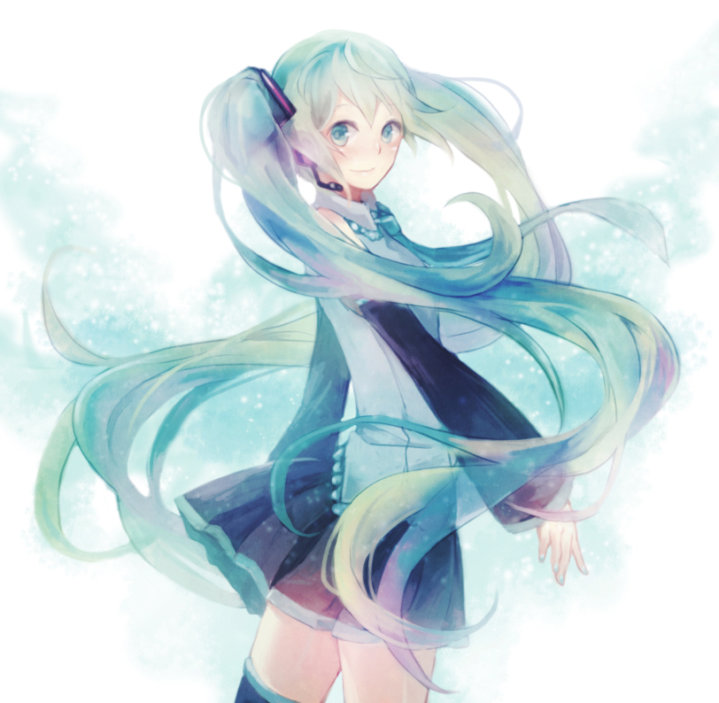 chizu_(fiute) detached_sleeves green_eyes green_hair hatsune_miku headset long_hair looking_back necktie solo thighhighs twintails very_long_hair vocaloid