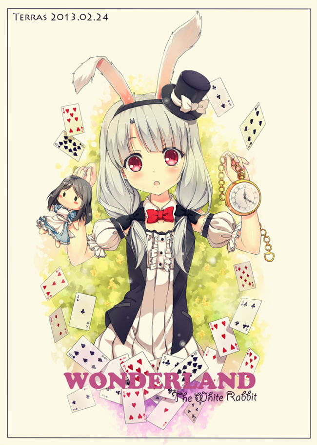 alice_(wonderland) alice_in_wonderland animal_ears bow bowtie bunny_ears card character_doll detached_sleeves hairband hat mini_hat mini_top_hat personification playing_card pocket_watch red_eyes solo terras top_hat twintails watch white_hair white_rabbit