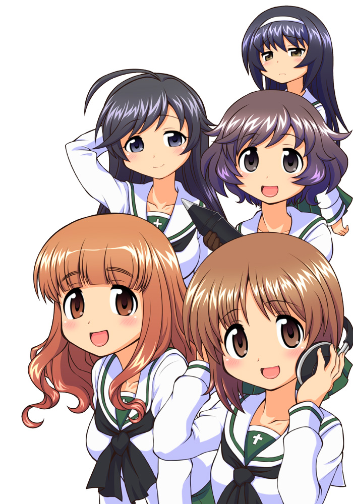 akiyama_yukari blush brown_hair girls_und_panzer hairband headphones isuzu_hana long_hair multiple_girls nishizumi_miho ooarai_school_uniform reizei_mako school_uniform short_hair smile takebe_saori tank_shell yuuki_akira