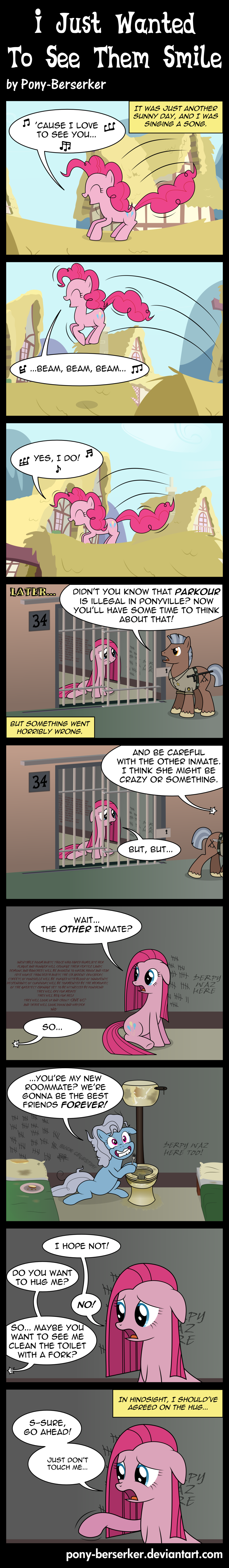 bed bed_sheets blue_fur building cell clothing comic covers cutie_mark dialog door english_text equine female feral fork friendship_is_magic graffiti grey_hair guard hair horse house houses jail_bars jailer looking_at_viewer male my_little_pony open_mouth pink_fur pink_hair pinkie_pie_(mlp) plate pony pony-berserker purple_eyes roof sky smile teeth text toilet walls
